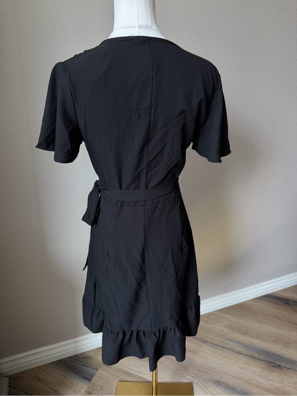 NWT Black Wrap Mini Dress with Flutter Sleeves and Tie Waist, Small - Picture 6 of 9